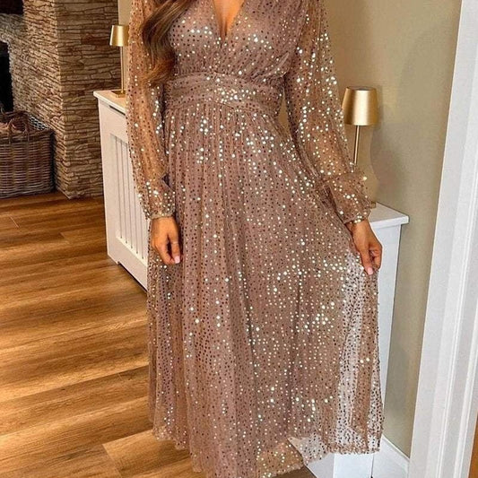 🎅Xmas Sales - 52% OFF🎄Elegant Sequin V-Neck Waist Cinching Dress